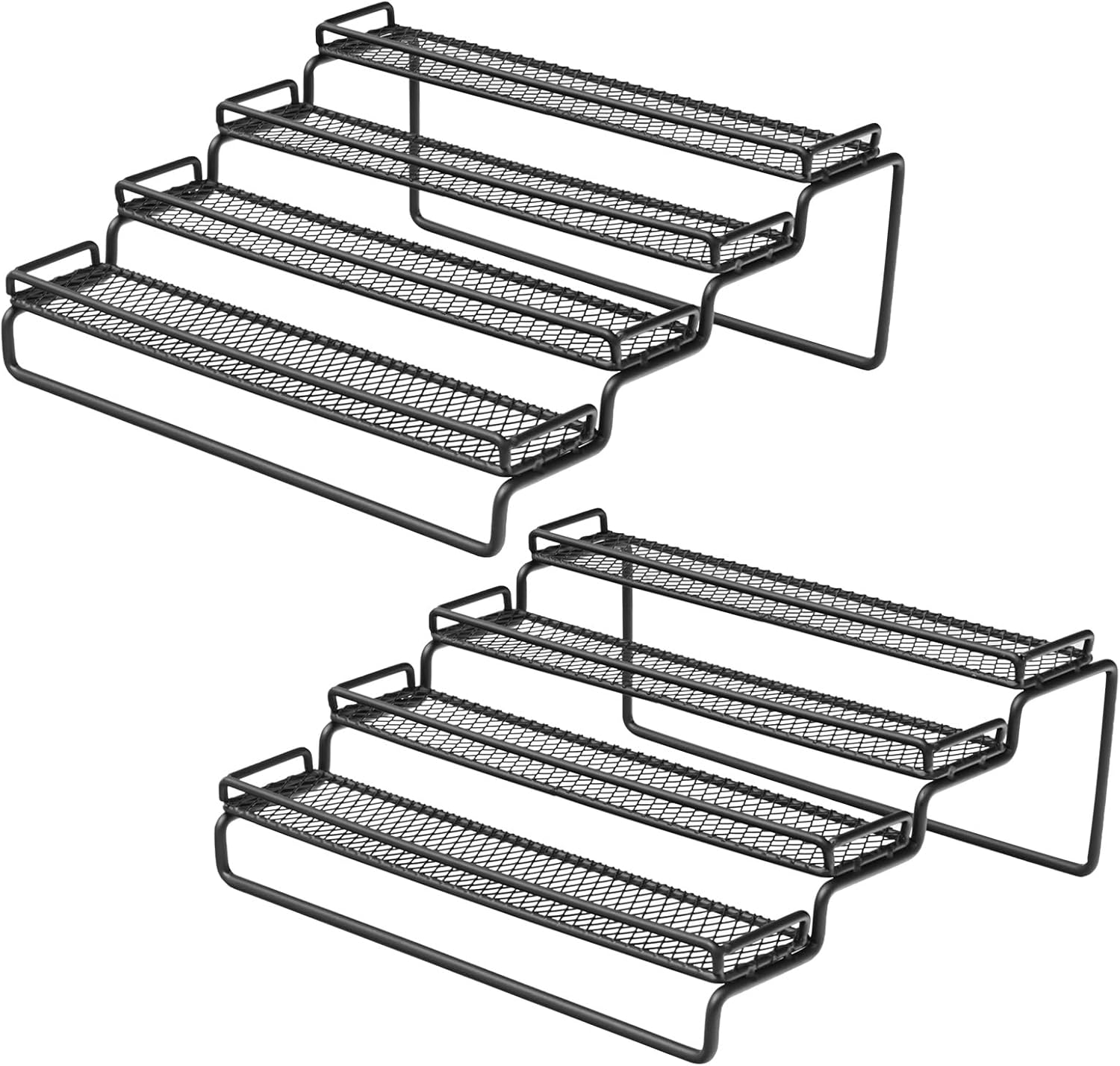 2 Pack Spice Rack Organizer for Cabinet, 4 Tier Expandable Seasoning Organizer Shelf, Spice Holder with Protection Railing, Metal, Black